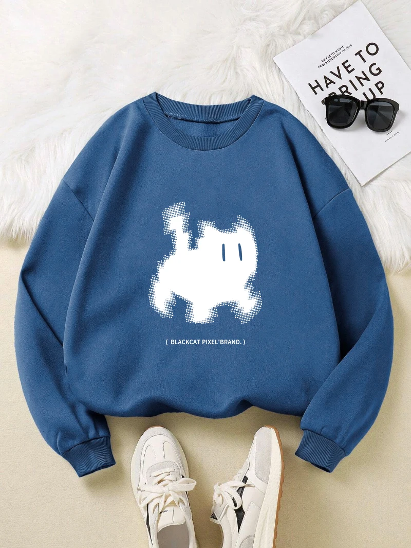 Casual Womens Hoodie Black Cat Pixel Cartoons Printing Sweatshirt Loose Warm Fleece Pullover Autumn Winter Female Streetwear