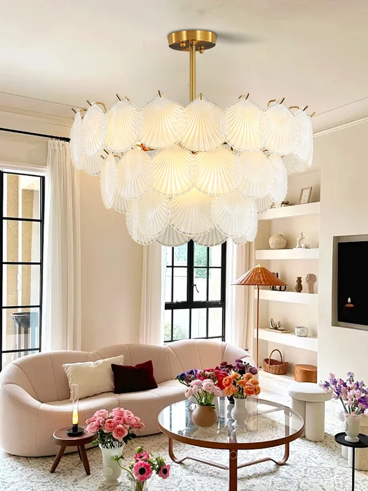 الحديثة الفرنسية نمط واضح الزجاج السقف قلادة ضوء الفاخرة، قذيفة بيضاء الزجاج جولة قلادة مصباح لغرفة المعيشة الديكور #5