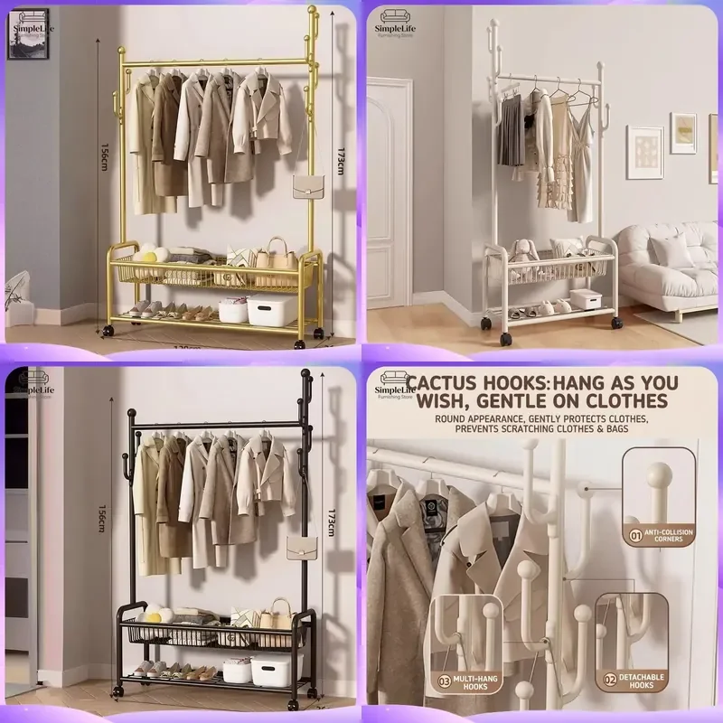 Metal Coat Rack Floor Standing Hat Hanger Double Layer Shoe Storage Shelf Bedroom Bathroom Organizer Simple Clothes Display