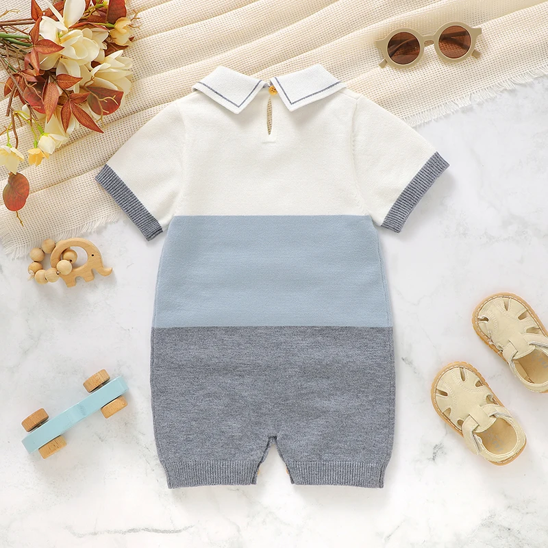 Newborn Baby Rompers Striped Knit Infant Boys Jumpsuit Cute Elephant Kid Clothes Child Overalls 0-18M Outfit Short Sleeve Summer