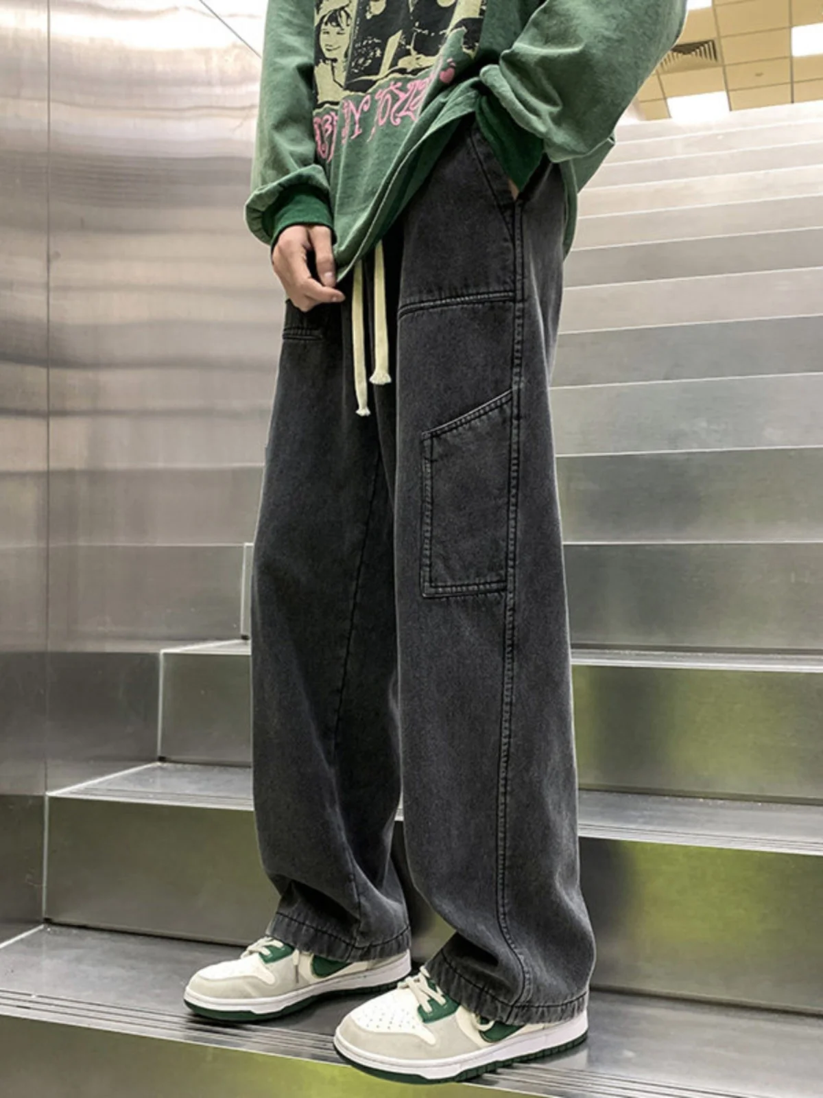 

Bla Dstring Waist Workwear Jeans Men's Spring Autumn American Hiphop Trendy Long Pants Youth Wear Straight Leg Trousers