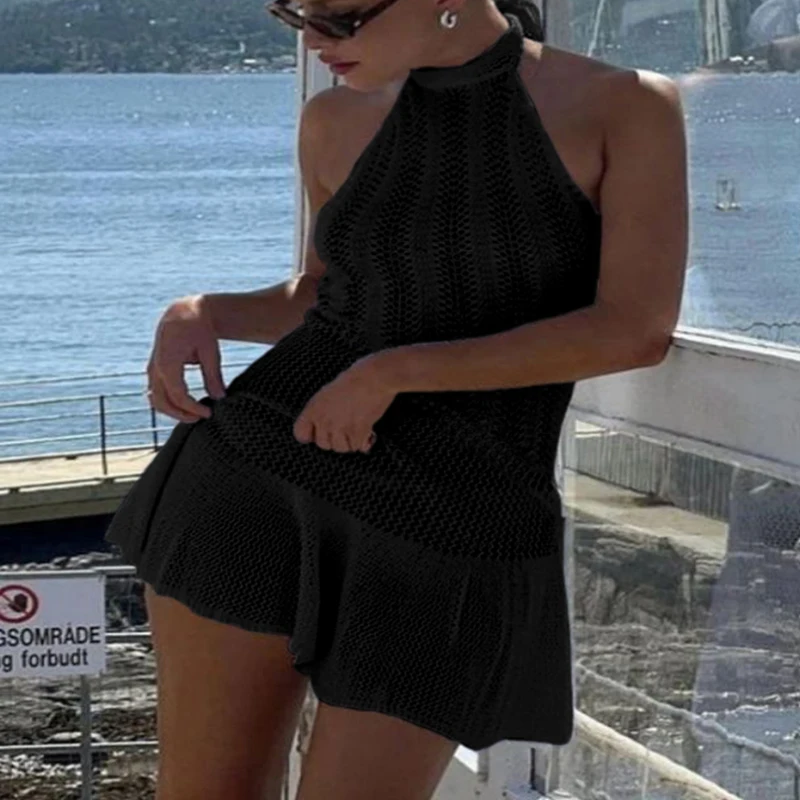 Vestido corto de punto de ganchillo con espalda descubierta para mujer, traje de baño informal con protección solar para playa, vestido corto con vuelo de hoja de loto para verano