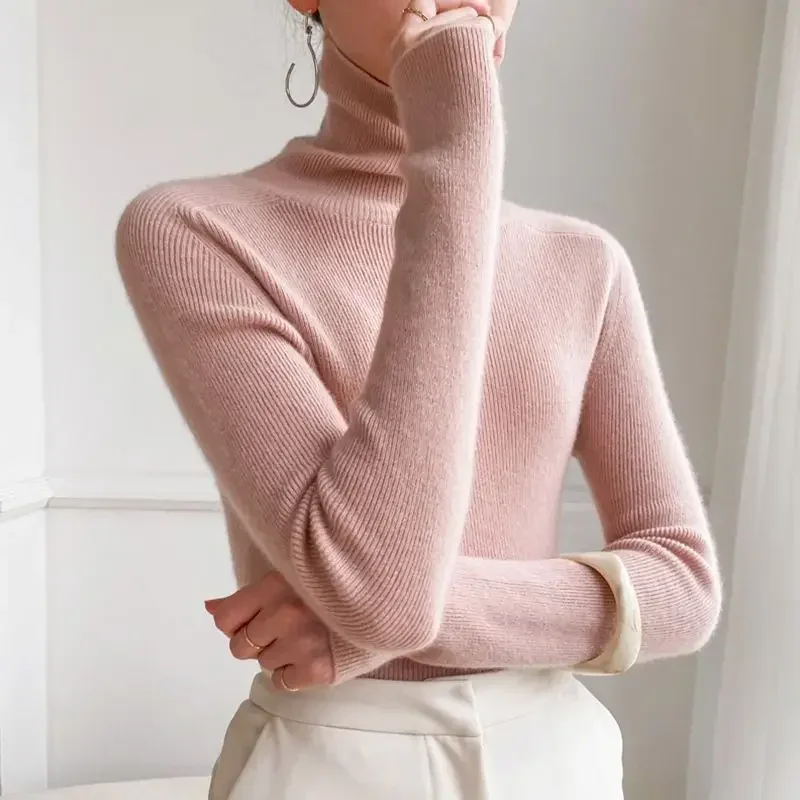 Women Sweater Winter Cashmere Turtleneck Warm Knitwear Korean Casual Solid Bottoming Shirt Fashion Knit Pullovers Brown Sweater