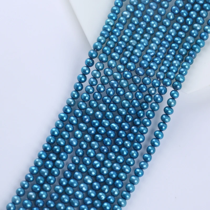 Hot Sale Natural Pearls Wholesale 4-4.5mm Dyed Blue Near Round  Potato Freshwater Pearl Strands