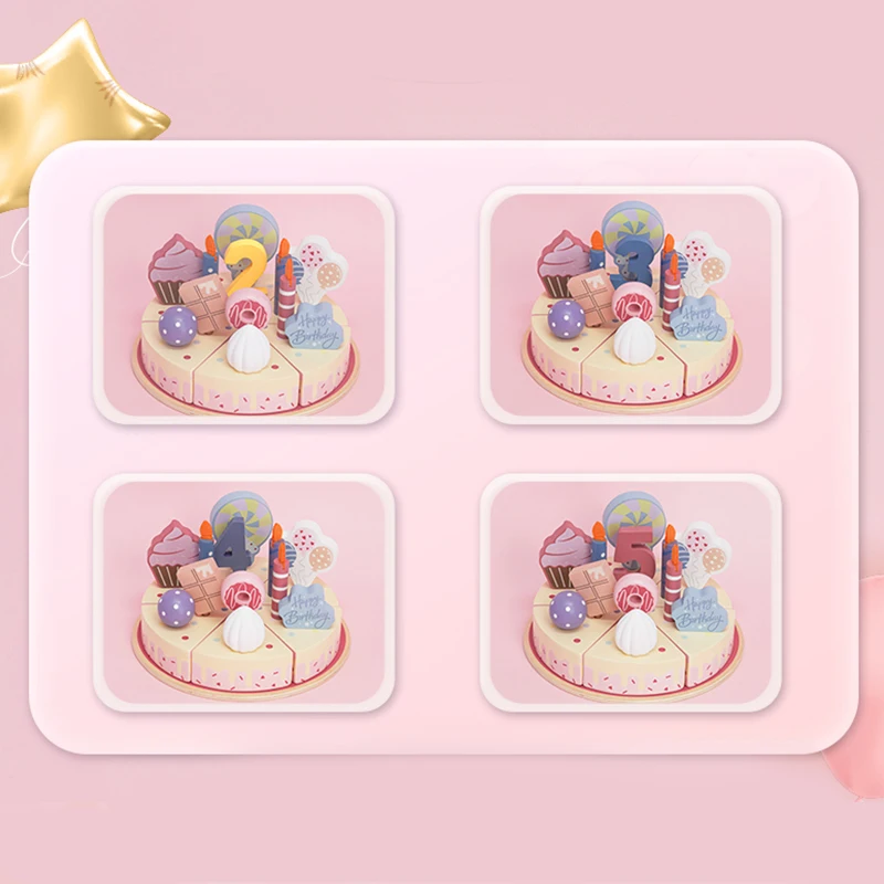 木製アメリカンスタイルの誕生日ケーキプレイセット - 取り外し可能なスライス、キャンドル、デコレーション付きのごっこ遊びおもちゃ、子供たちのパーティーの楽しみに
