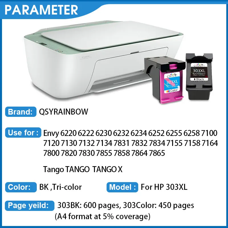 QSYRAINBOW Replacement 303XL Compatible Ink Cartridge For HP 303 XL HP303 Envy 6220 6230 6232 6234 7130 7134 7830 7855 Printer