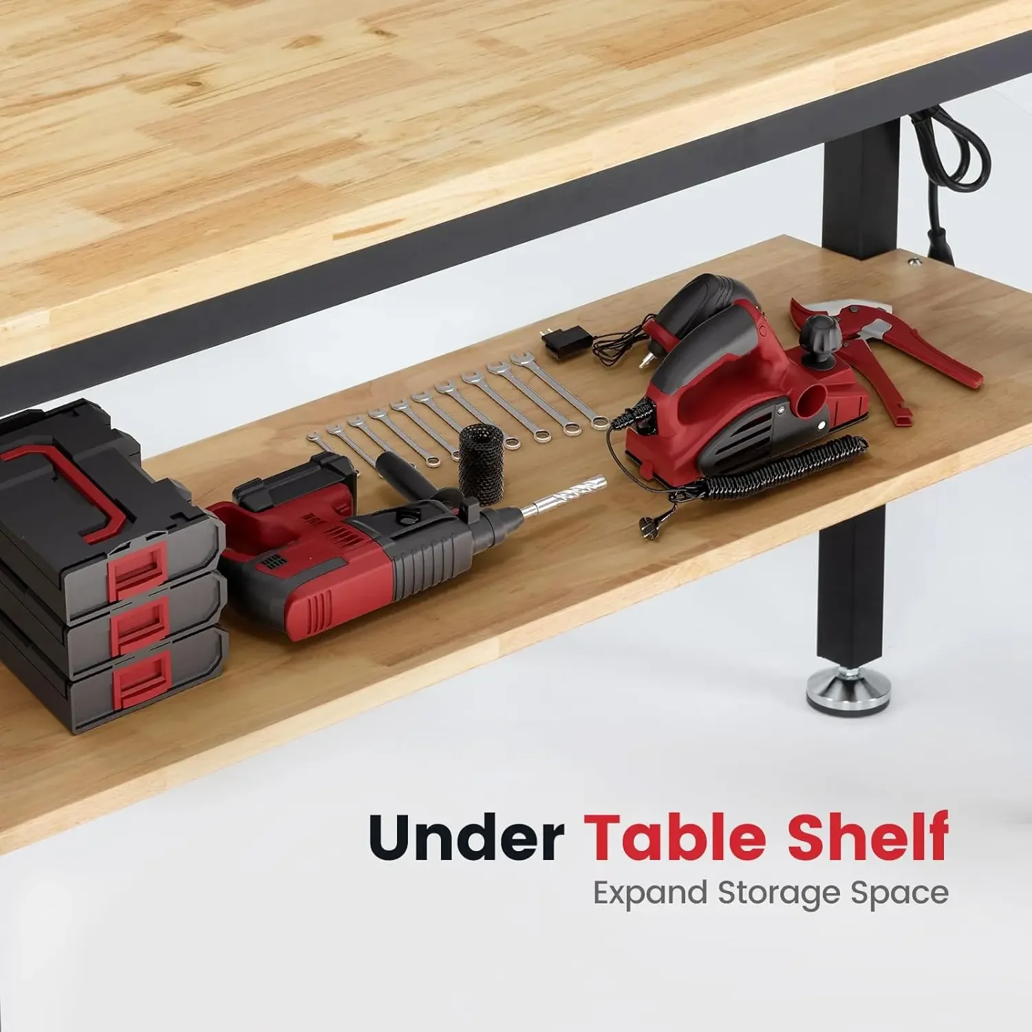 Work Table for Garage 60 Inch Workbench with Storage Adjustable Height Rubber Wood Tabletop Work Bench with Power Outlets