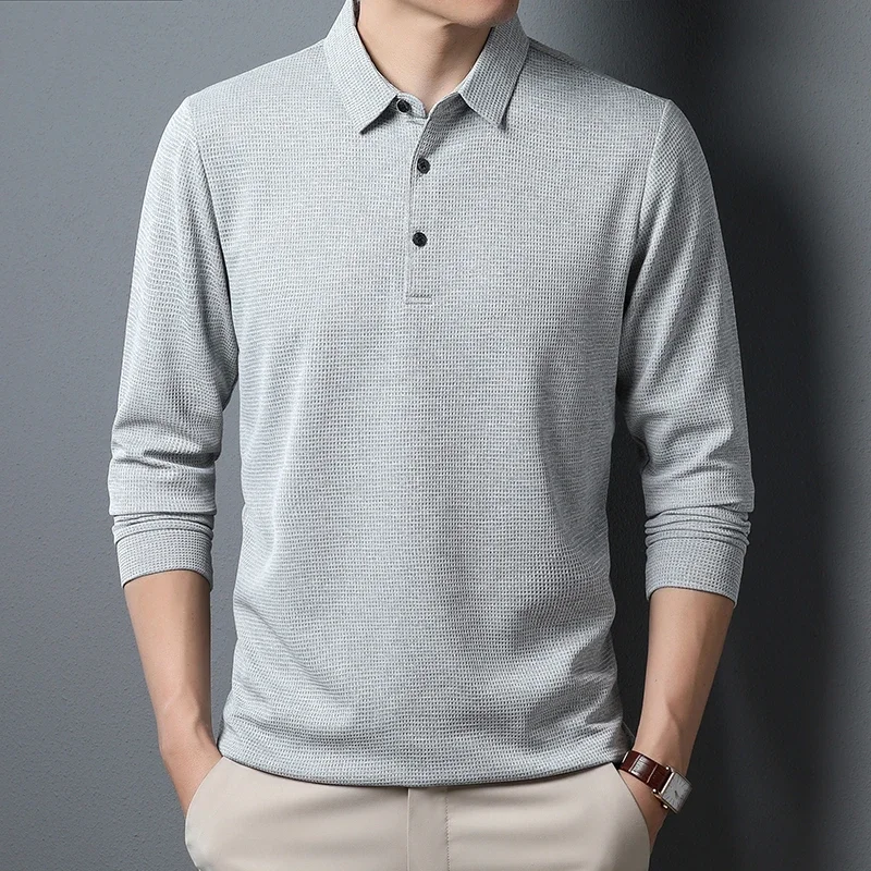 Herren Business Casual Polo Langarm T-Shirt Sommer Bequemes solides Baumwolloberteil