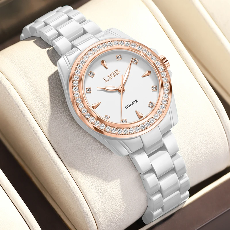 

LIGE новые роскошные женские кварцевые наручные часы, повседневные водонепроницаемые светящиеся женские часы, модные элегантные керамические часы, подарок для женщин