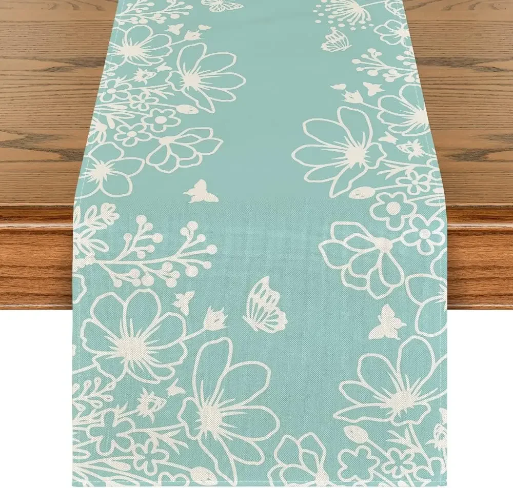 Blue Bloom Flowers Butterfly Spring Linen Table Runner Seasonal Home  Holiday Kitchen Dining Table Runner Wedding Party Decor