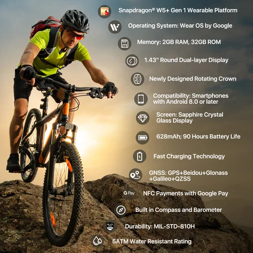 Imagen 2 del producto TicWatch Pro 5 Enduro Wear OS Smartwatch para hombres Batería de 90 horas Más de 110 modos de entrenamiento Brújula de frecuencia cardíaca 7/24 y compatible con Android
