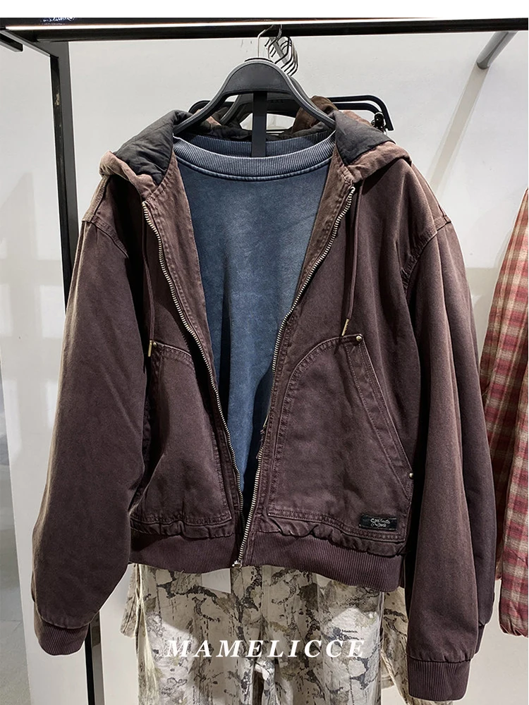 MAMELICCE Design original, jaquetas vintage com efeito desgastado, jaquetas soltas com capuz de algodão lavado para homens.