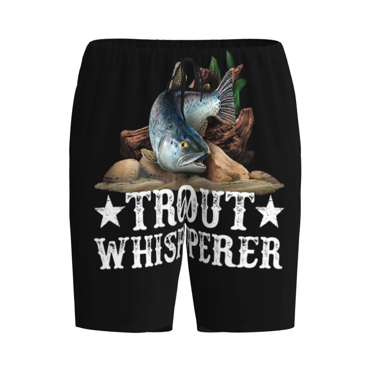 

Мужские пижамные шорты/брюки для сна и отдыха с авторским принтом на тему нахлыстовой рыбалки на форель