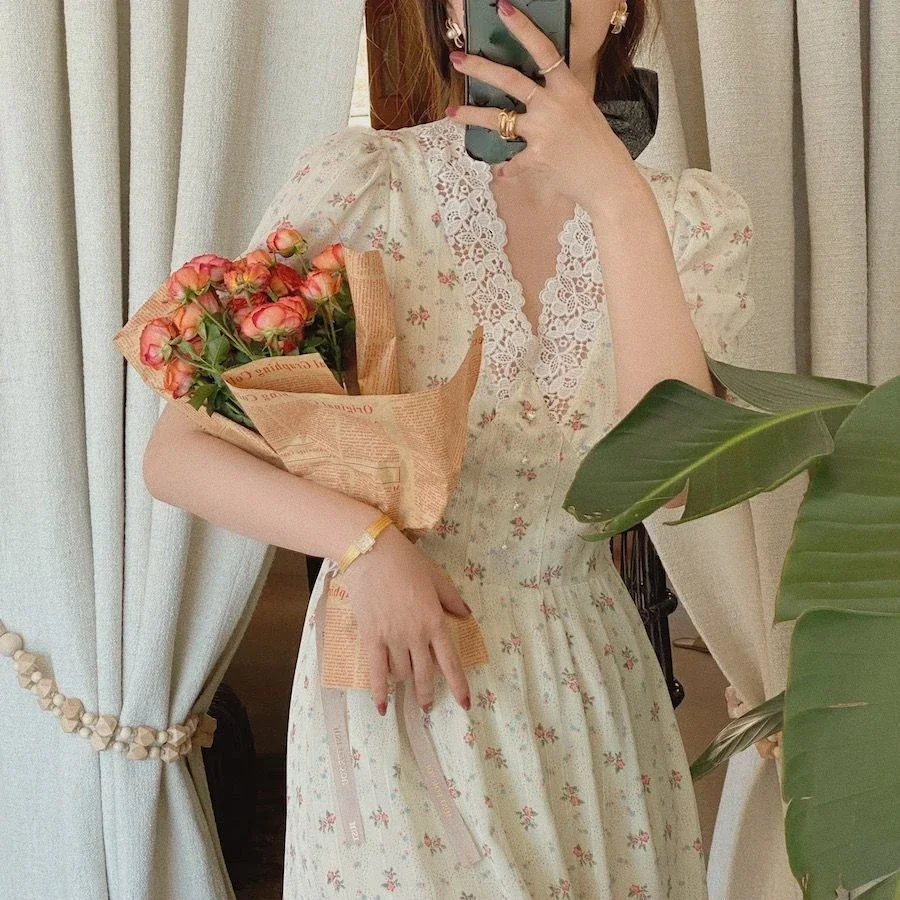 Summer Vintage Floral Dress Women Elegant Lace Chiffon Korean Party Dress Casual Puff Sleeve V Neck Midi Boho Dress 2024 New