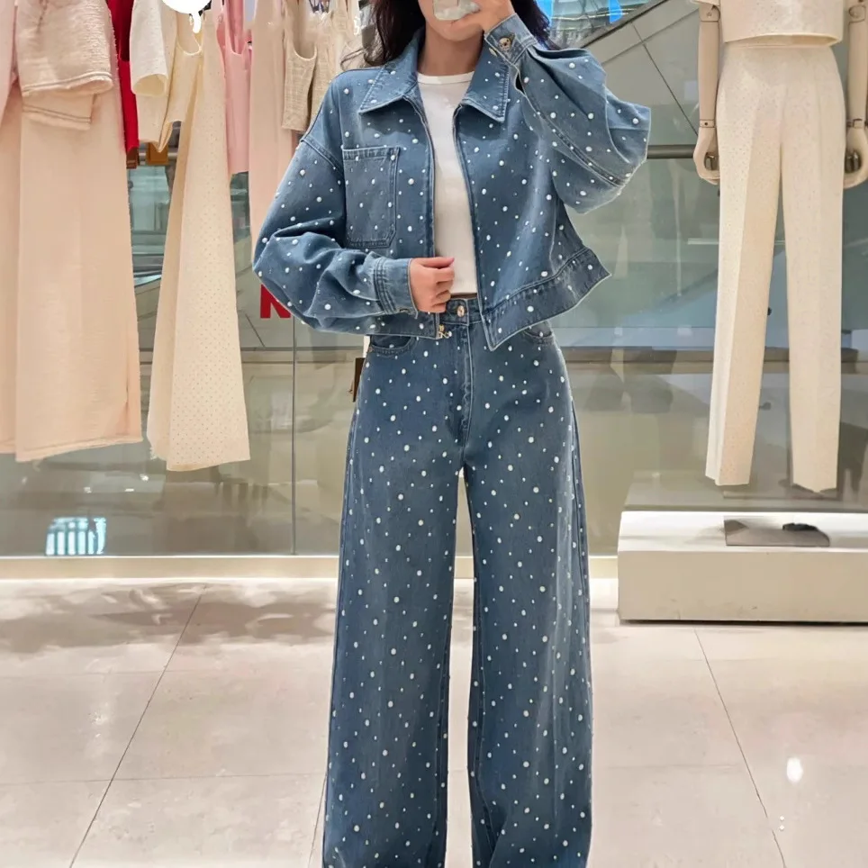 

Женский повседневный джинсовый костюм-двойка с лацканами, длинными рукавами, короткой курткой с жемчугом или модными брюками