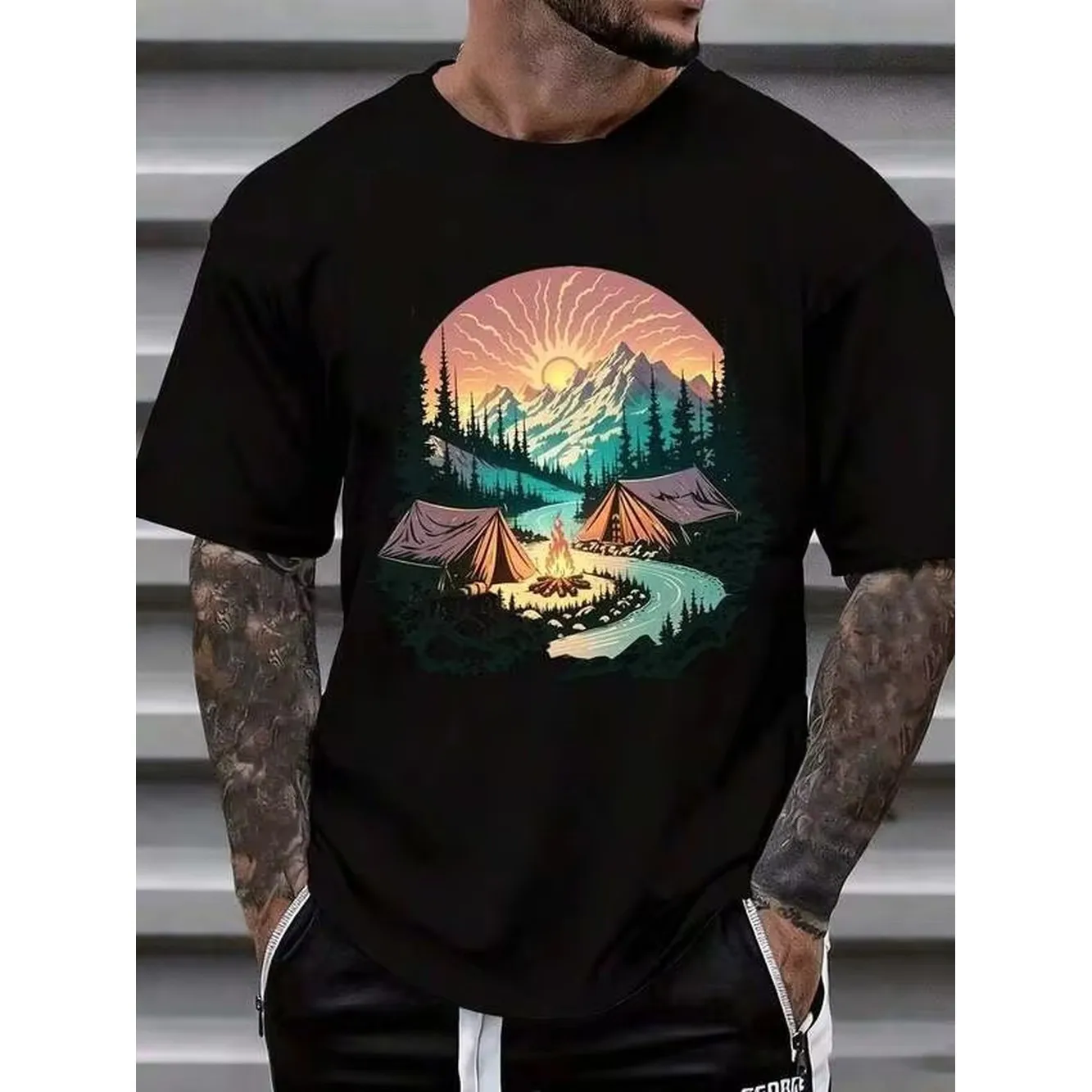 Camping Mountain Sunset Scene Graphic T-Shirt Outdoor Adventure Nature Landscape Print Unisex Casual Tee