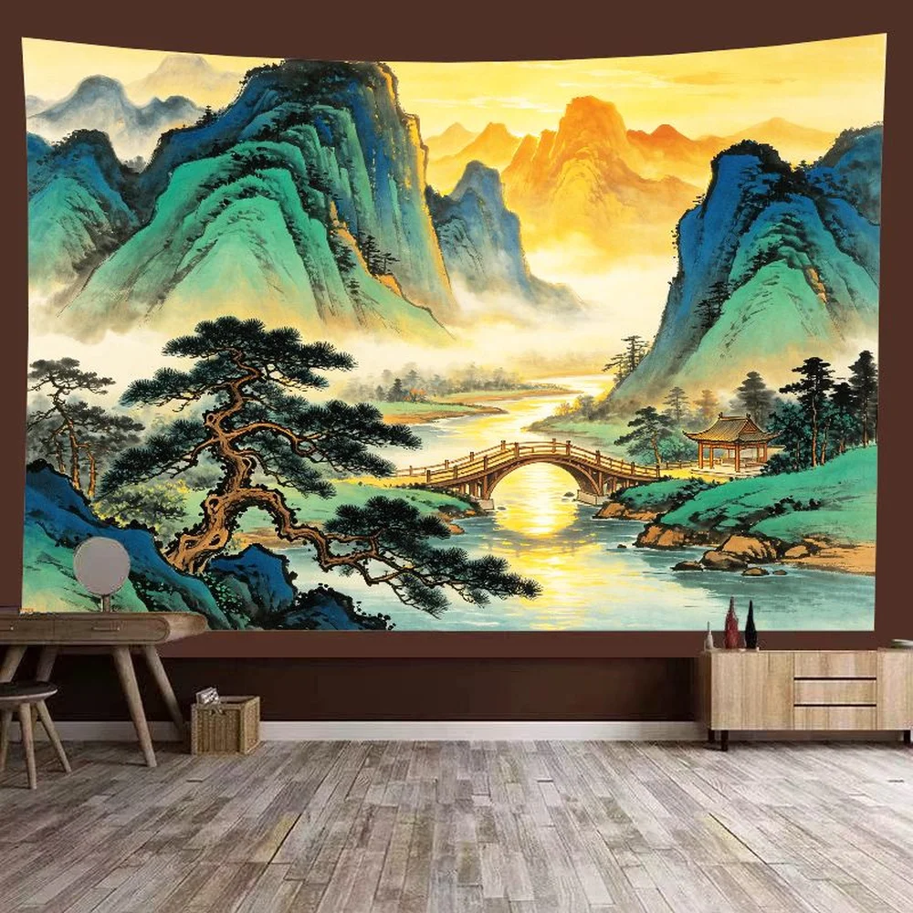 VIKAMA Autumn Palace Tapestry – Chinese Temple, Maple Trees, Full Moon Lake Reflection Wall Art