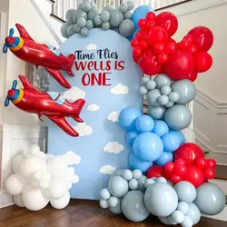 Airplane Birthday Party Decoration 151 Pieces Airplane Balloon Garland Arch Kit Gray Blue and Red Ribbon Airplane Polyester Film Balloon for Time Flight Theme Birthday Party Supplies