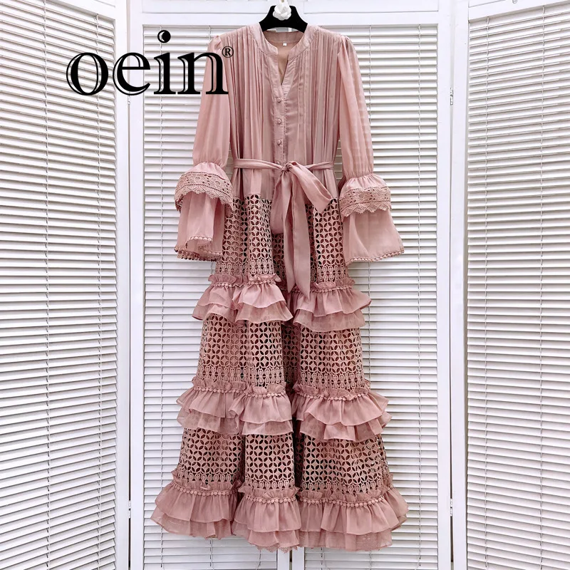 

[oein] New American Style Seaside Vacation Dress With Hollowed Out Ruffle Edges And Layered Flared Sleeves