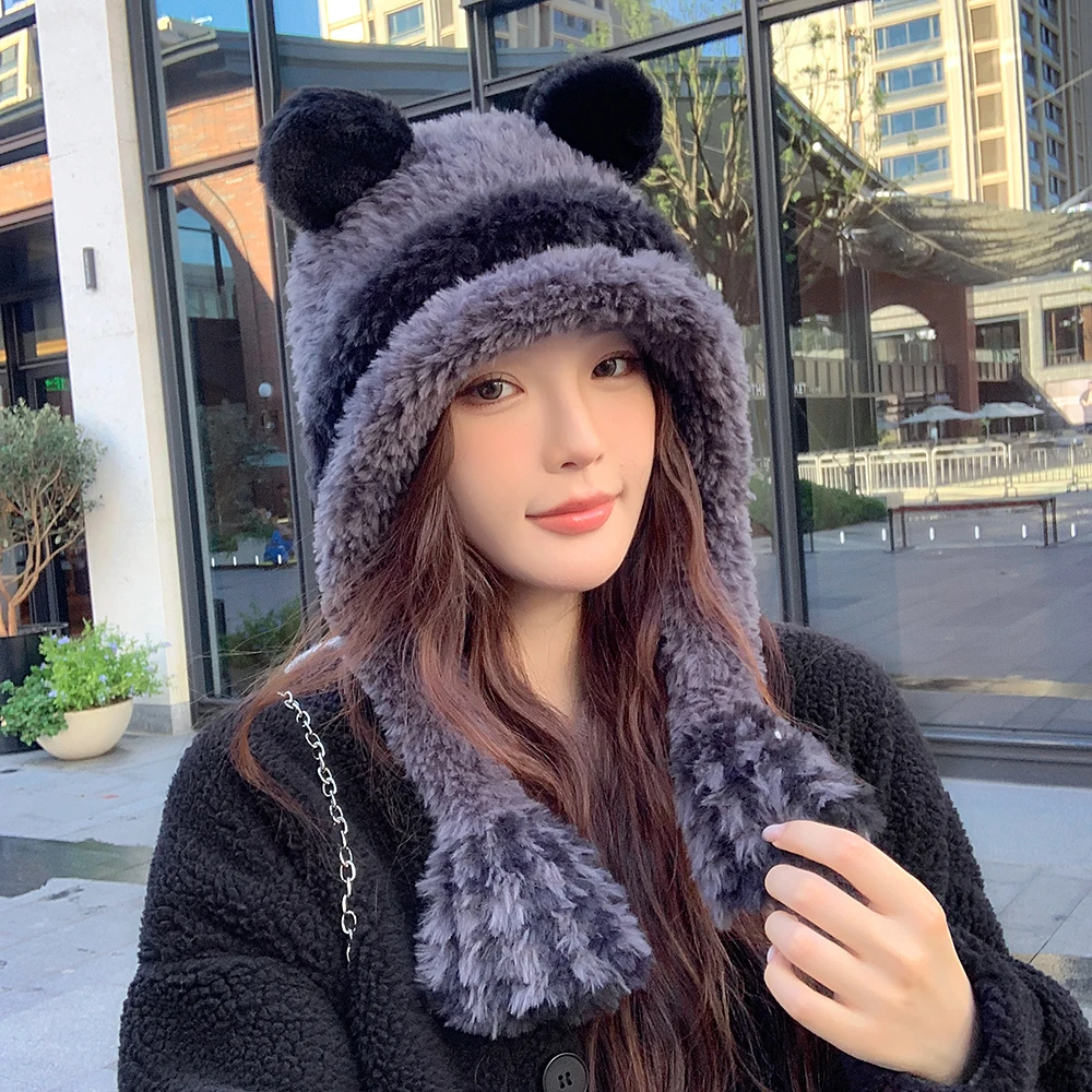 

Winter Cute Bear Hairball Furry Hats Women Plush Velvet Ear Protection Lei Feng Hat Girl's Warm Wool Caps