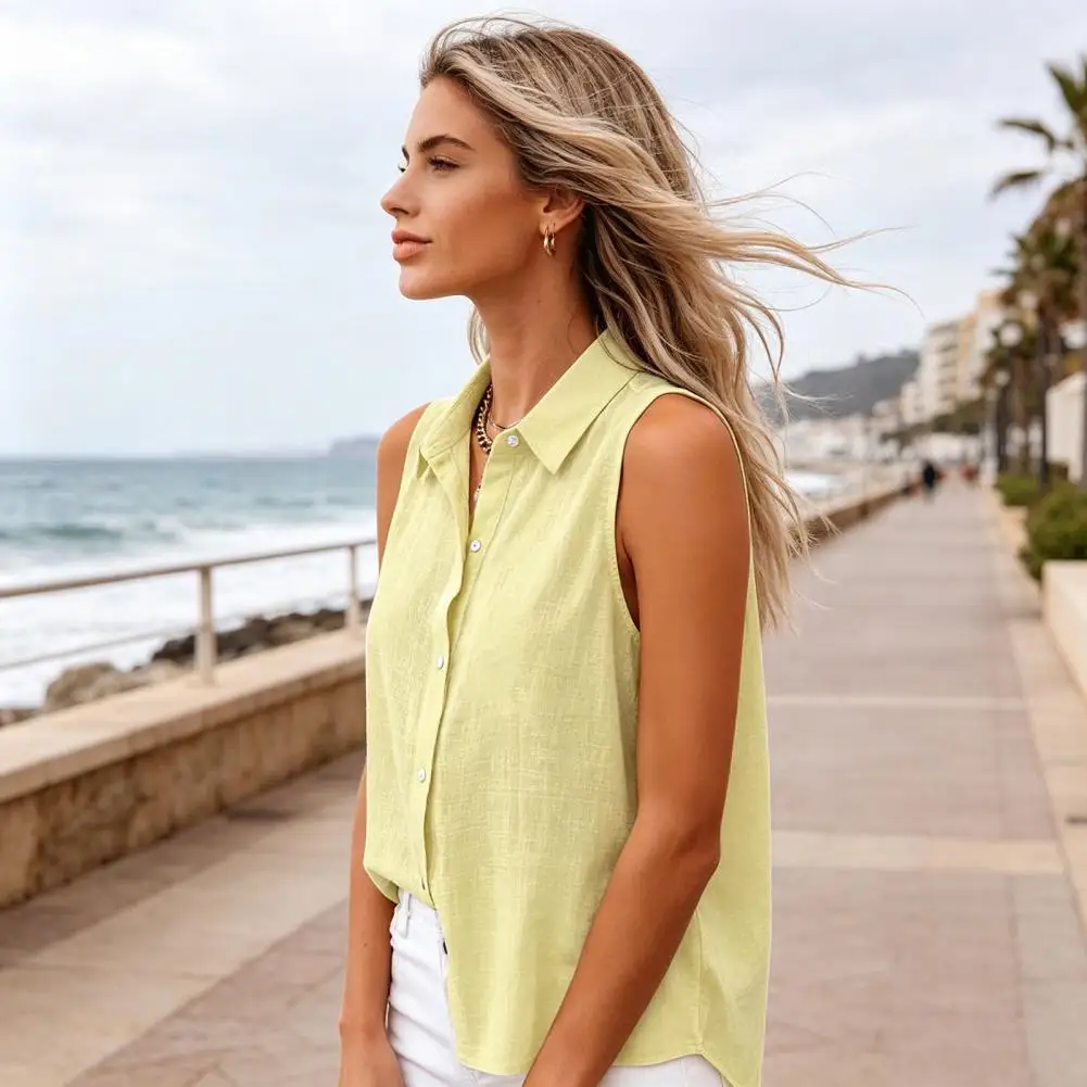 

Women's Sleeveless Work Shirt Lapel Button Down Pure Color Loose Blouse Breathable Summer Casual Office Daily Wear Tops