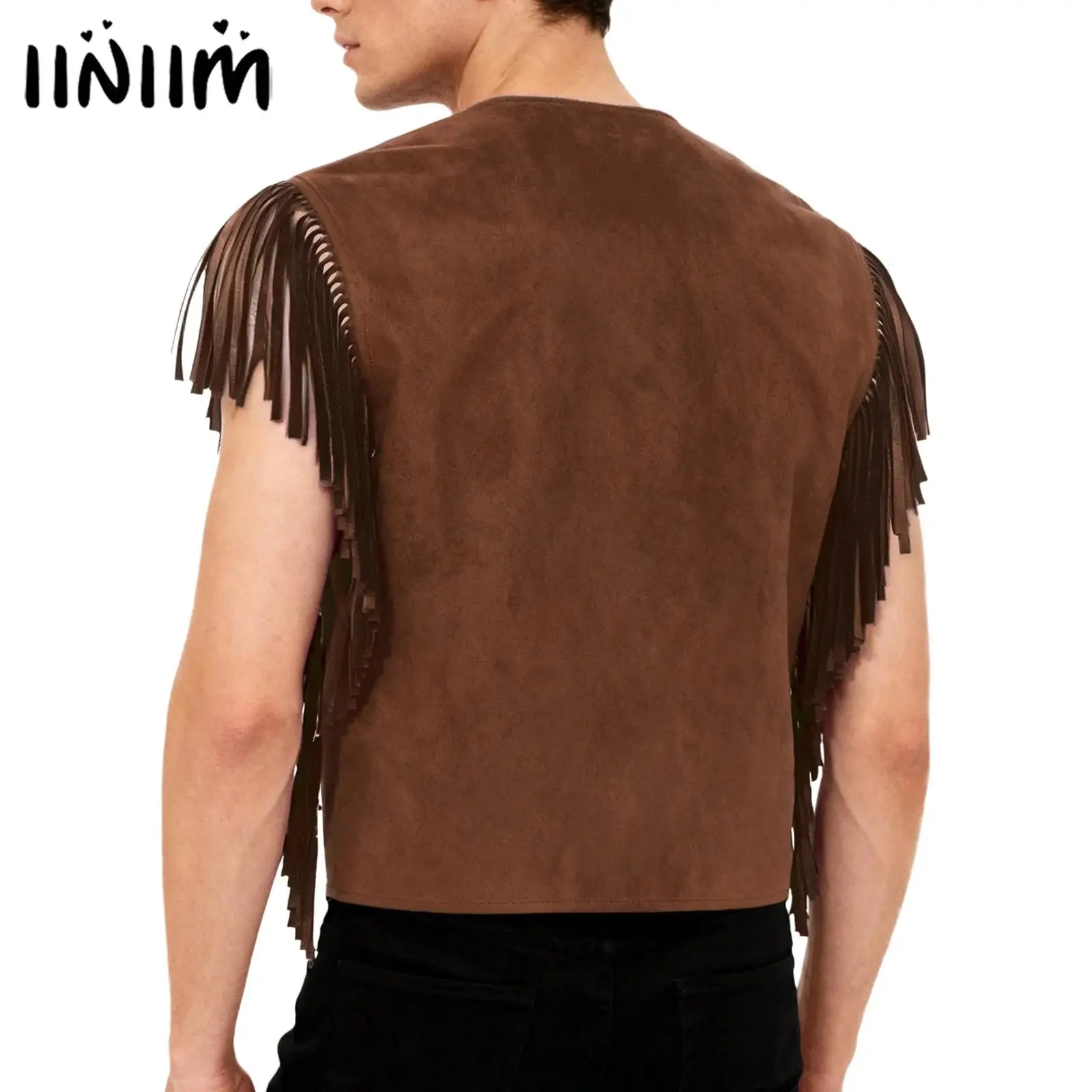 

Мужской ковбойский карнавальный костюм в стиле вестерн, тематический костюм для вечеринки, жилет из искусственной замши, топы без рукавов с открытым передом, асимметричный подол, топы с кисточками