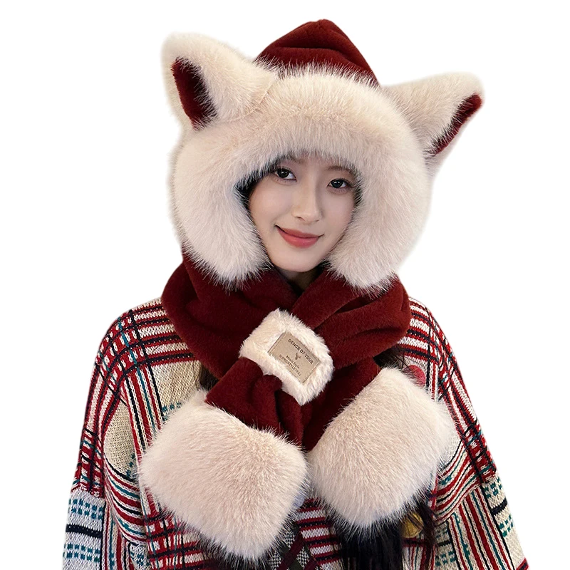 السيدات لي فنغ قبعة أفخم لطيف الثعلب الأذن قبعة وشاح المرأة الخريف والشتاء قطعتين مجموعة مقنعين وشاح للدراجات الدفء
