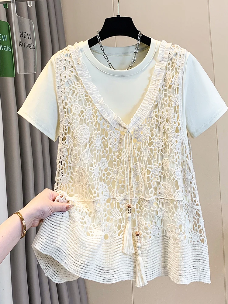

Korean Style Anti-Aging Lace Hollow out Short Sleeve Top And Vest Set Women's Summer Fashion Casual Wear Two-Piece Suit