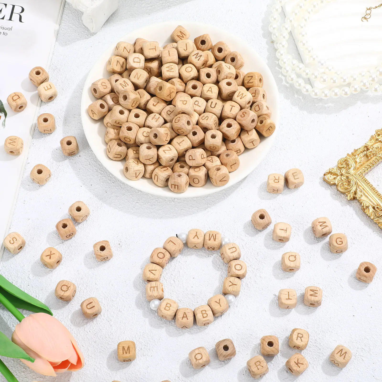 260Pcs Beech Wood Letter Beads Square Smooth Surface for DIY Jewelry Making Alphabet Craft Supplies Alphabet Lacing Beads