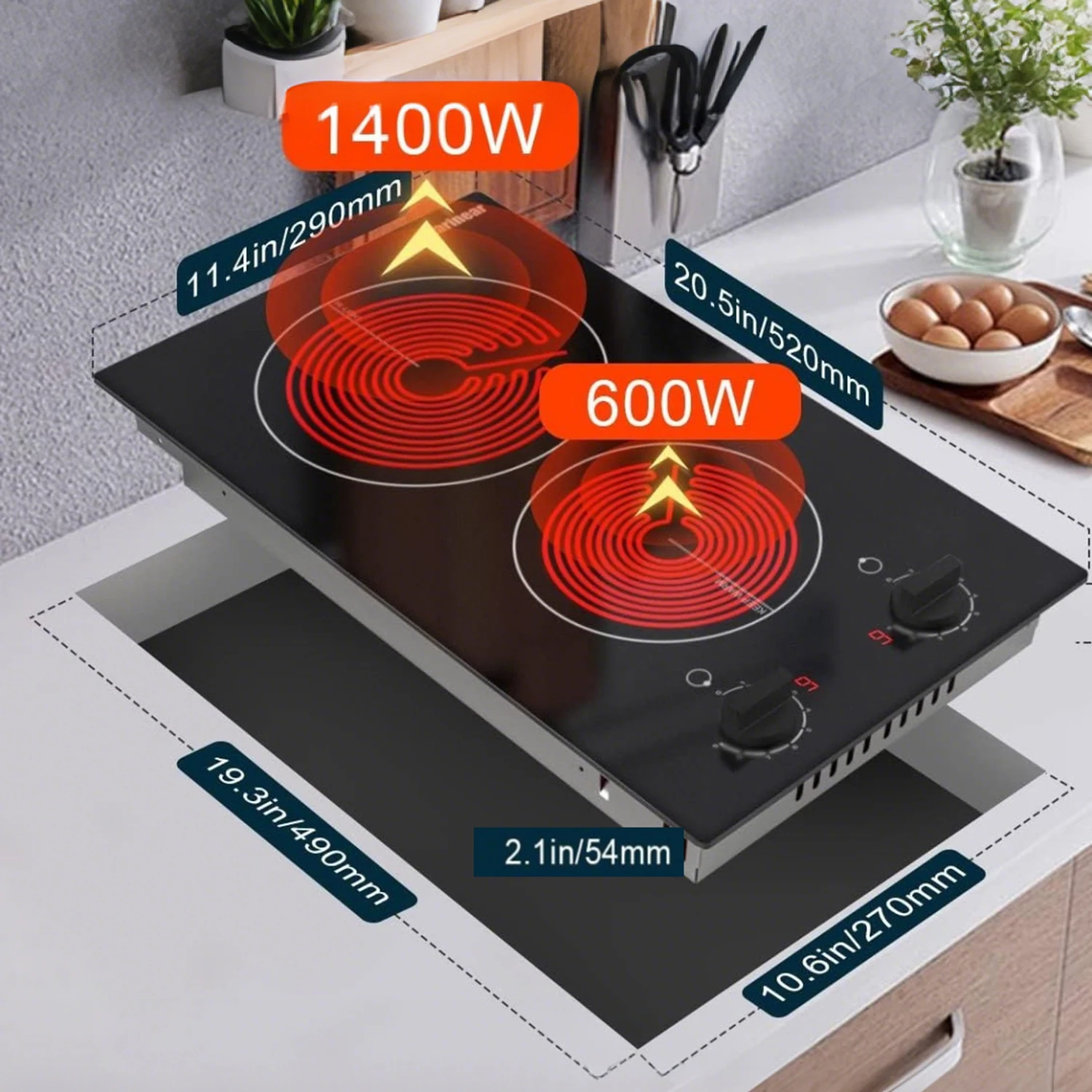 Karinear เตาไฟฟ้า2หัว110V, หม้อต้มไฟฟ้า12 ''พร้อมปลั๊ก, เคาน์เตอร์ควบคุมลูกบิดและเซรามิกในตัว