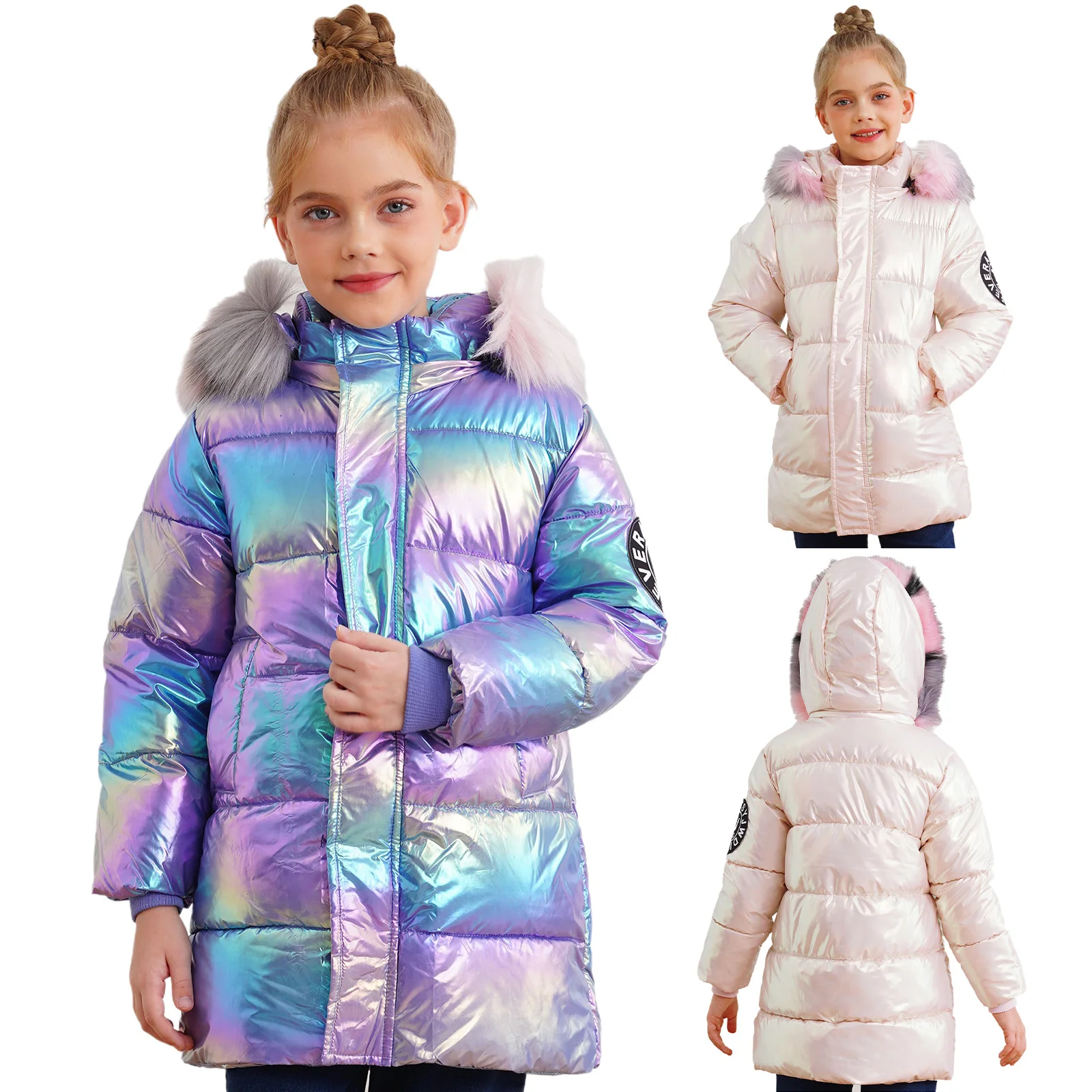 Kids Girls Winter Coat Metallic Hooded Padded Jacket Casual Warm Shiny Stand Collar Long Sleeve Zipper Cotton Wadding Outerwear