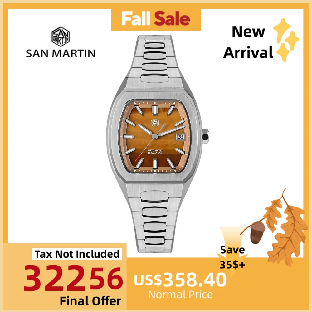 

San Martin 39.5mm Barrel Shaped Gemstone Dial PT5000 SW200 Men Watch Mechanical Self-Wind 3H Date Dress BGW-X1 10Bar Swim SN0145