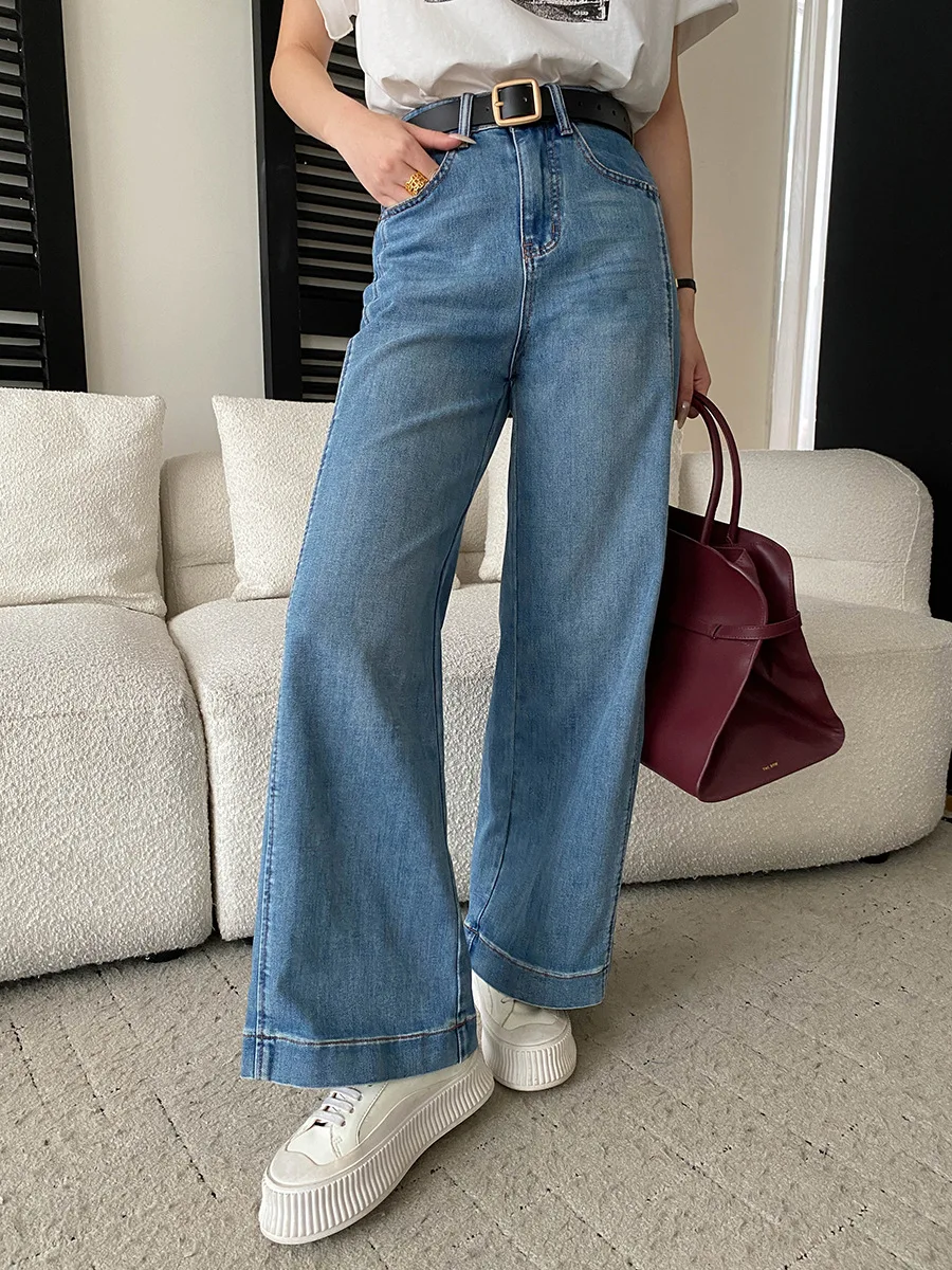 

Spring and summer women's French retro washed casual high waist slimming straight leg wide leg jeans