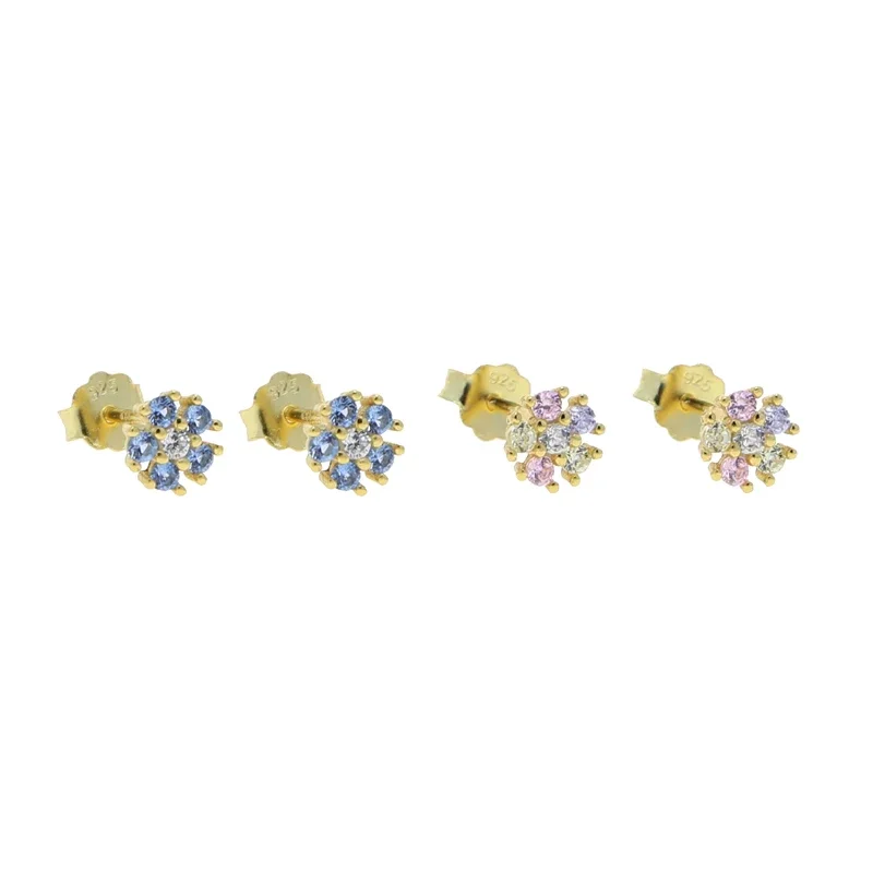 925 Sterling Silver Multicolor CZ Flower Stud Earrings Fashion Gold Color AAA+ Cubic Zirconia Romantic Women Jewelry