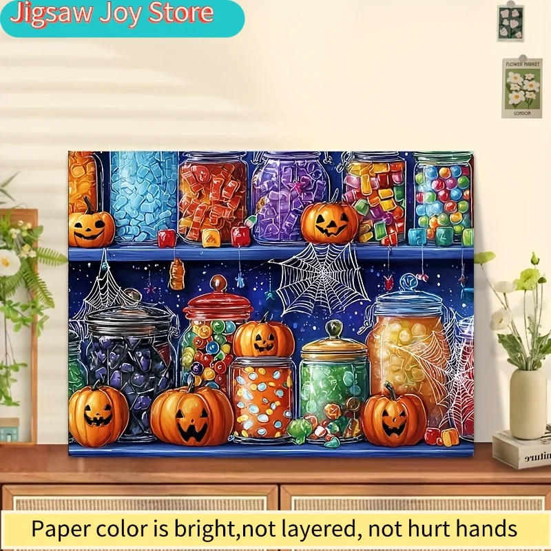 A 500pcs Puzzle for Adults Featuring a Captivating Arrangement of Halloween Candy Jars, Suitable for Party Games And Activitie