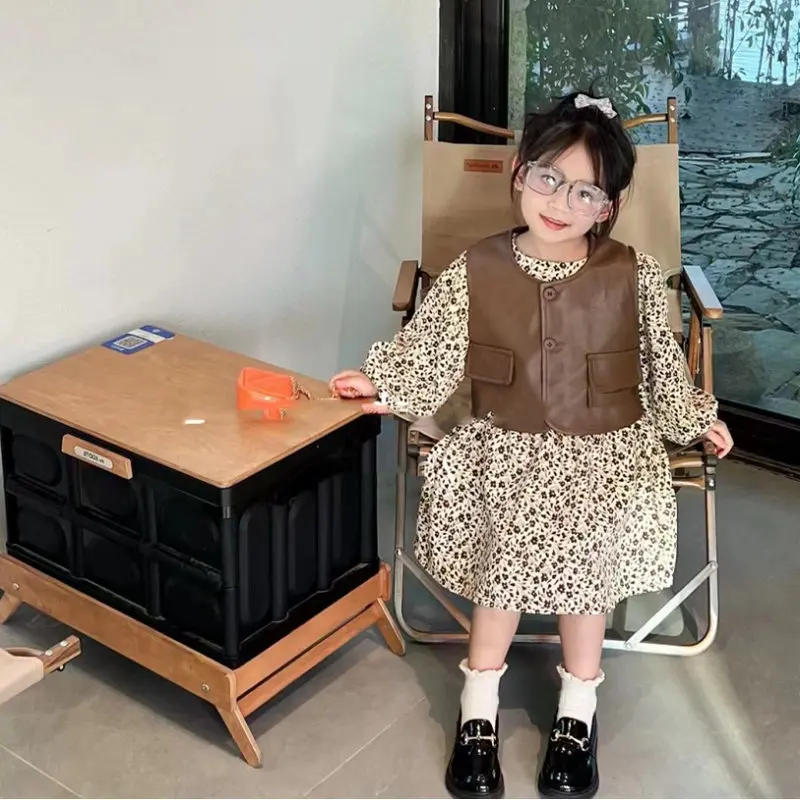 Girls SuitPULeather Vest with Extended Sleeves and Floral Dress25Spring and Autumn New Fashion Foreign Trade Children's Clothing
