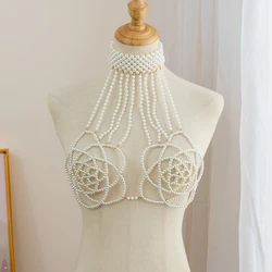 New European and American handmade pearl necklace rose-shaped bra women's body chain