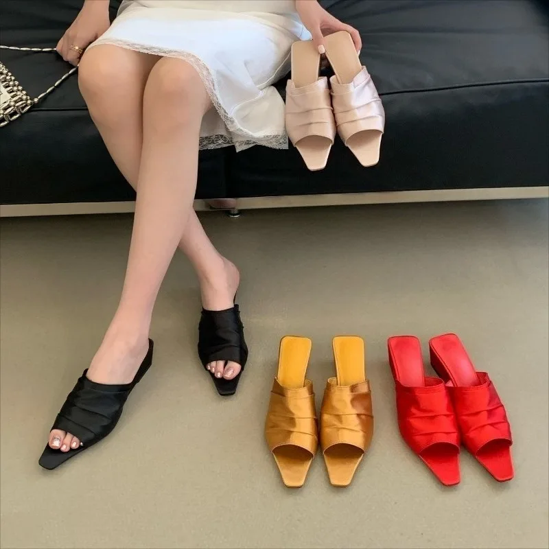

Aneikeh Elegant Women Satin Pleated Square Toe Mules Low Heel Slip on Summer Casual Slippers