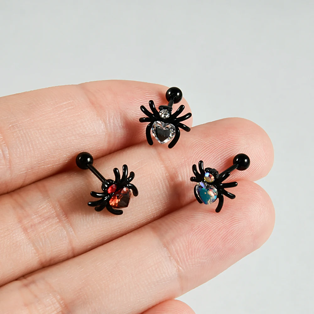 1Pc Surgical Steel Black Spider Zircon Ear Helix Tragus Cartilage Labret Lobe Earrings Rook Conch Stud Piercing Jewelry16gX8mm