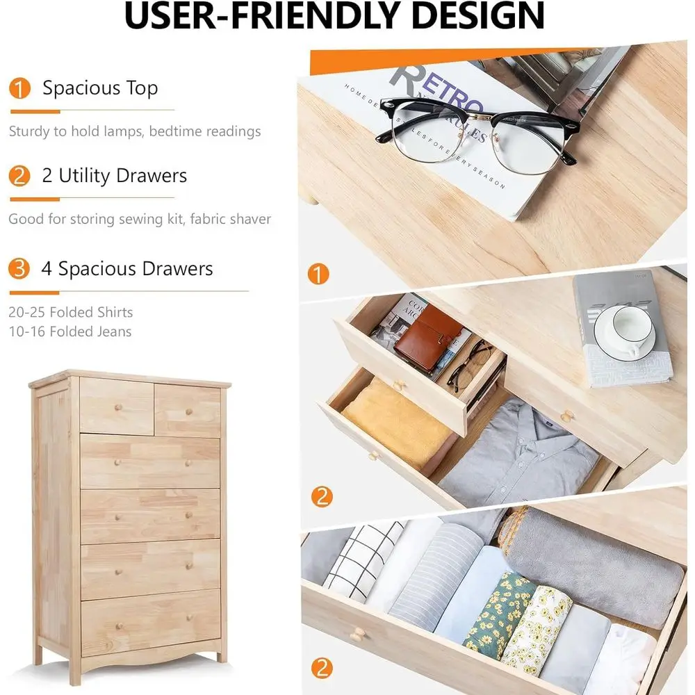 업그레이드된 천연 목재 높은 서랍장, 러스틱 스타일과 넉넉한 수납 서랍