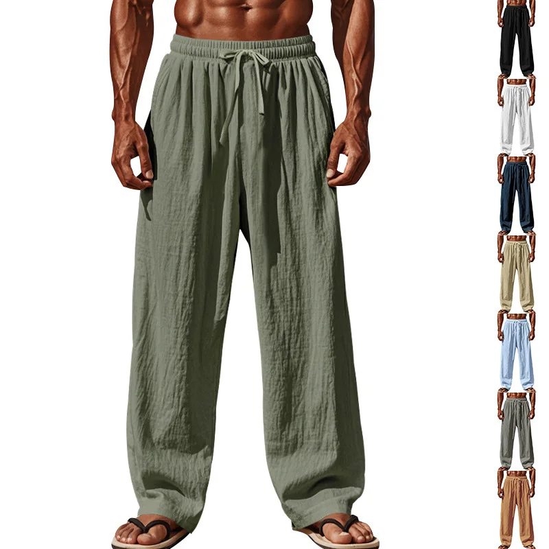 Men American Casual Cotton Linen Wrinkle Wide Leg Pants Drawstring Loose Sports Trousers Multiple Colors