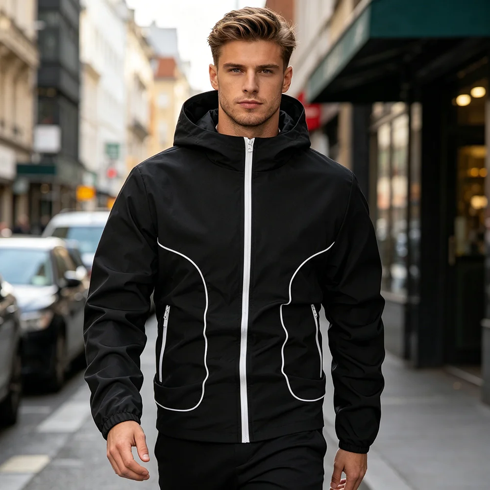 Men's Black And White Striped Zip Up Jacket Simple Casual Suitable For Everyday Commute Outdoor Sports With Zip Up Pockets