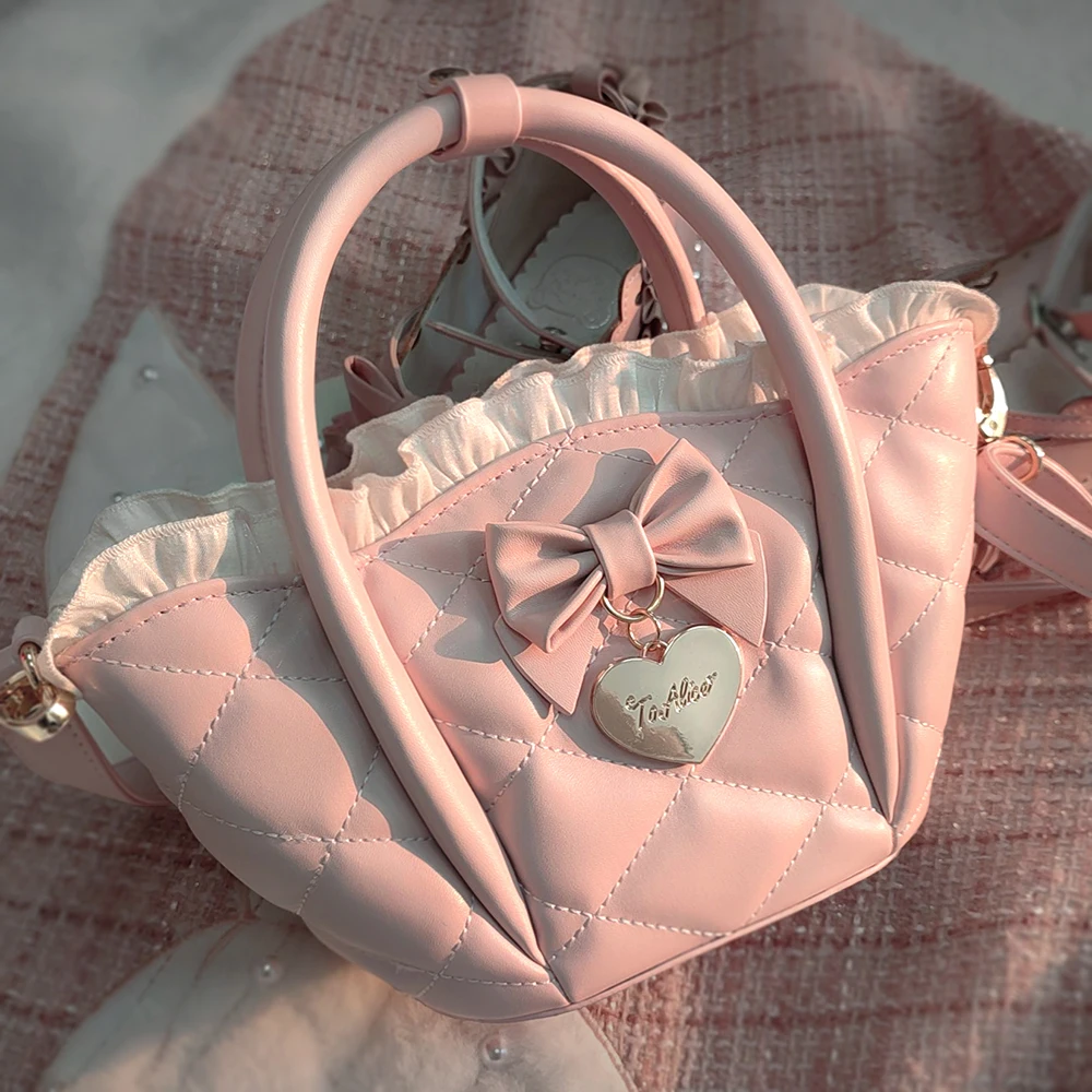 Japanese Original Harajuku Lolita Handbag Sweet Elegant Bow Rhombus Lotus Leaf Petal Bag Cute Daily Versatile Messenger Bag
