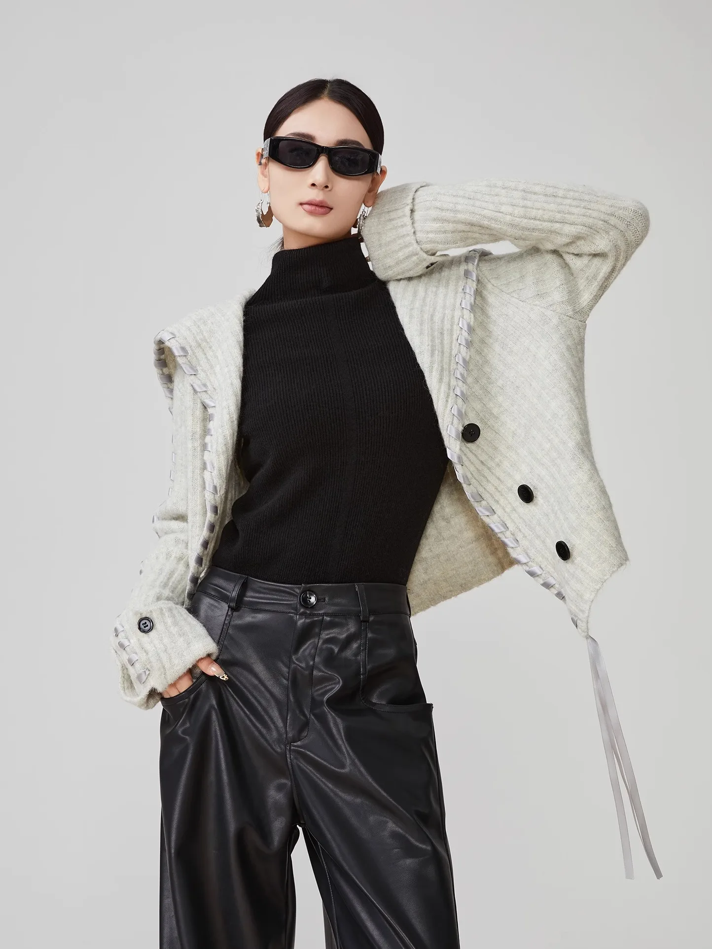 

ay Sa Large Collar Knitted Sweater Coat Women's Spring New Korean Sle Lazy Faion Outerwear Loose Fit Long Sve