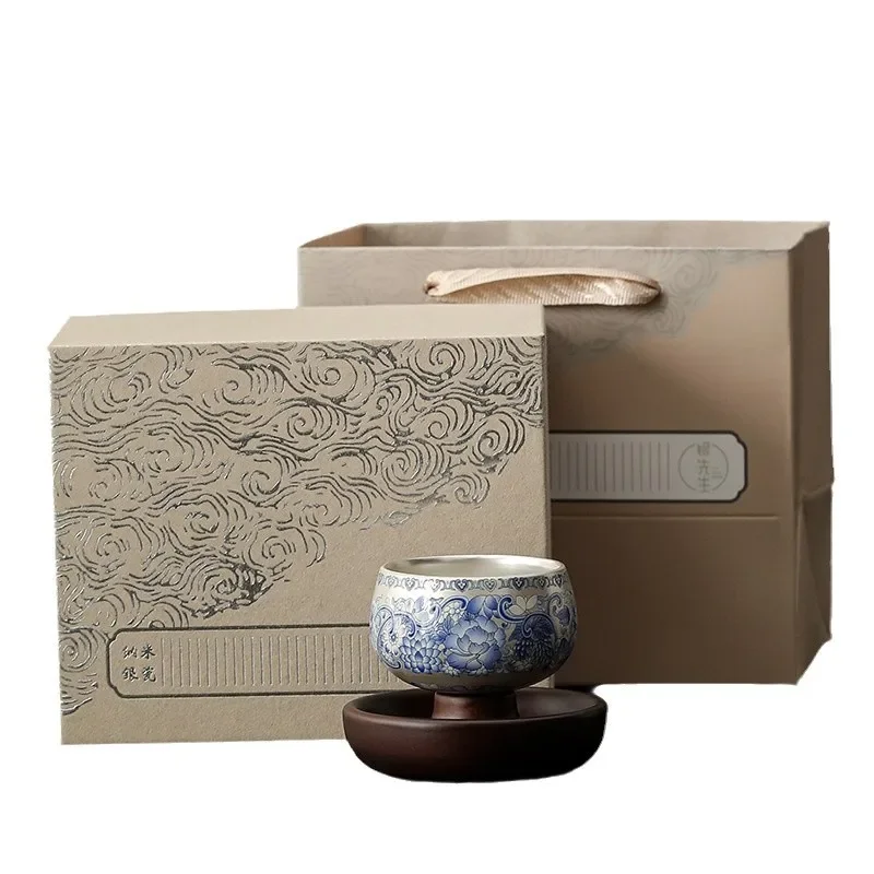 

999 sterling silver teacup single cup comes and goes, silver ceramic tea set high-end master cup 360 degrees rotatable