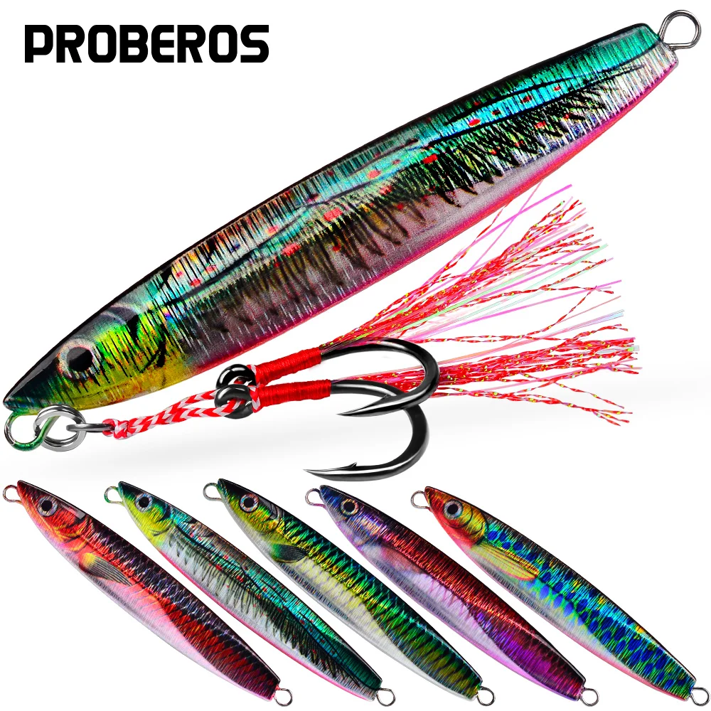 Proberos 5PCS Sinking Metal Jigs Fast Sea Fishing Lures 78g-12cm Artificial Simulation With Feather Hook Jigging baits