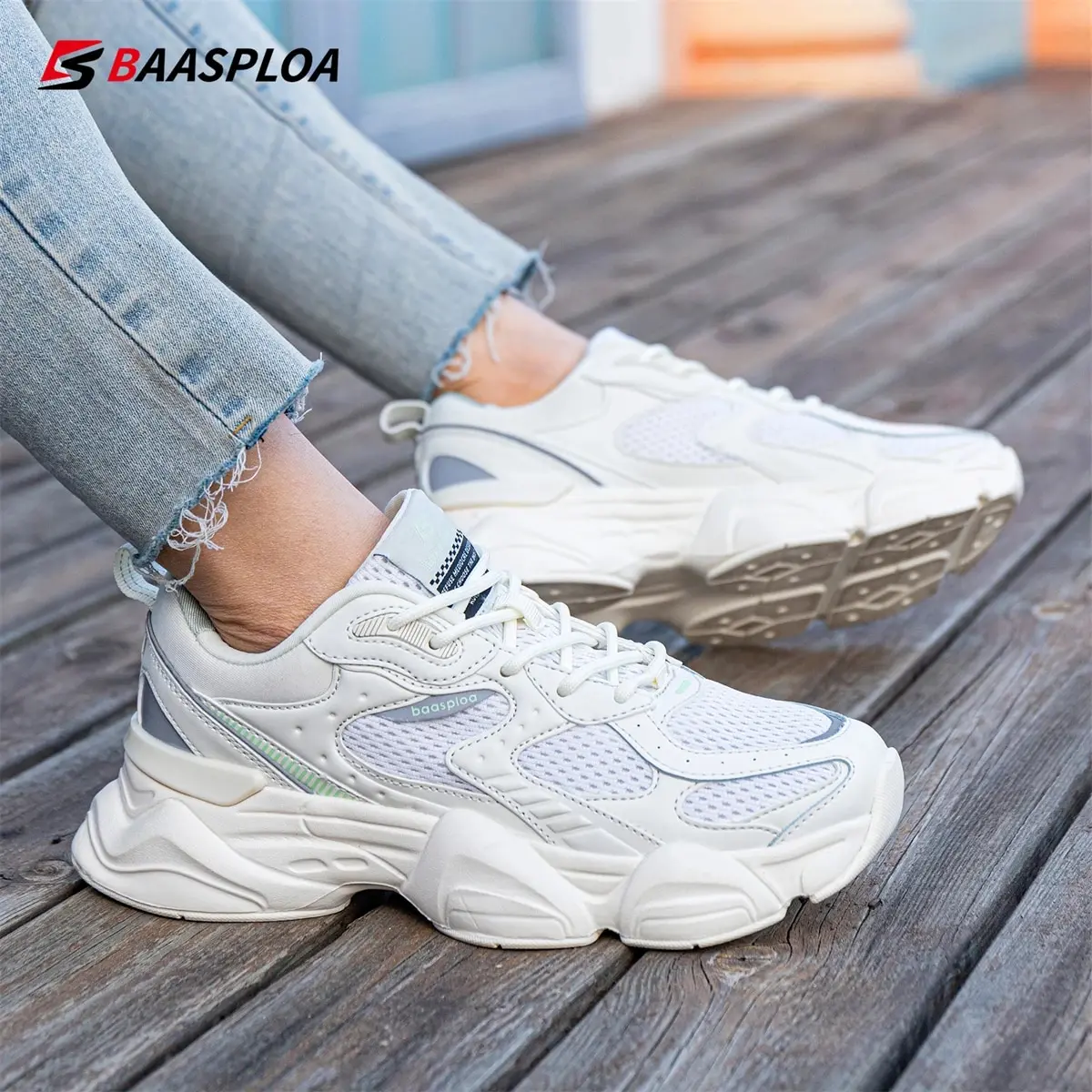 Baasploa Women Running Shoes Leather Sneakers Lace Up Outdoor Shoe Antiskid Sport Tennis Lightweight Female Walking Shoes