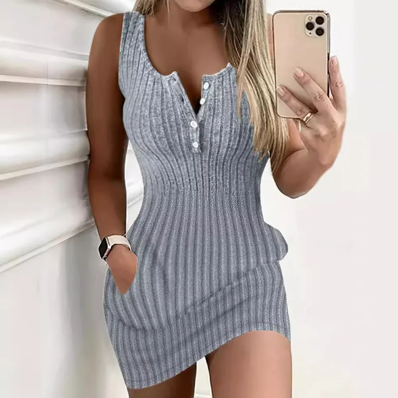 Vestido de emagrecimento com gola semi-aberta feminino, monocromático, botões casuais, vestidos básicos, saias sem mangas, moda de deslocamento, verão