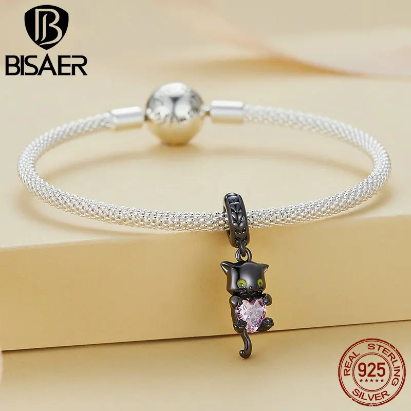 BISAER 925 Sterling Silver Black Cat Charm Bead Cute Pet Pink zircone Heart Pendant Fit Women fai da te Bracele Fine Jewelry Party Gift