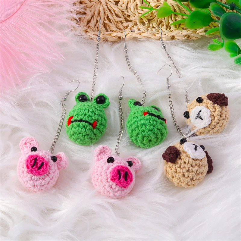 Cartoon Dog Pig Frog Drop Earrings Cute DIY Handmade Knitted Animal Dangle Earrings for Women Girl Party Festival Jewelry Gifts